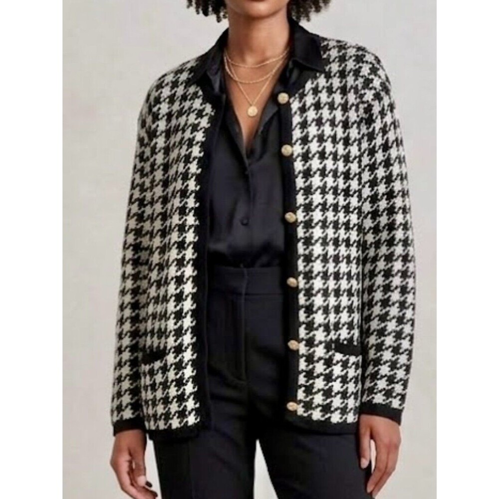 Vintage Crystal-Kobe Houndstooth Gold Button Cardigan Sweater Size Medium